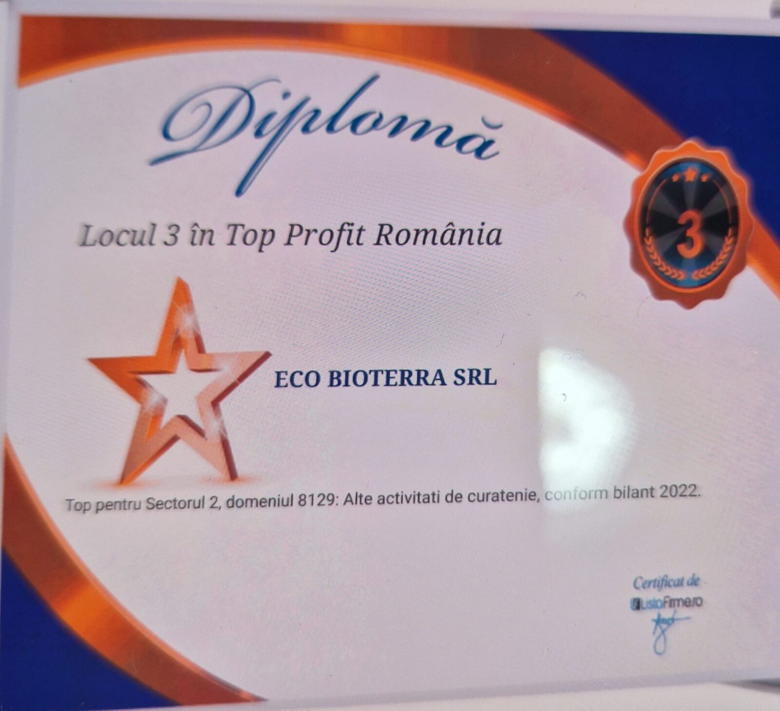 Diploma Locul 3 Top Profit România Eco-Bioterra