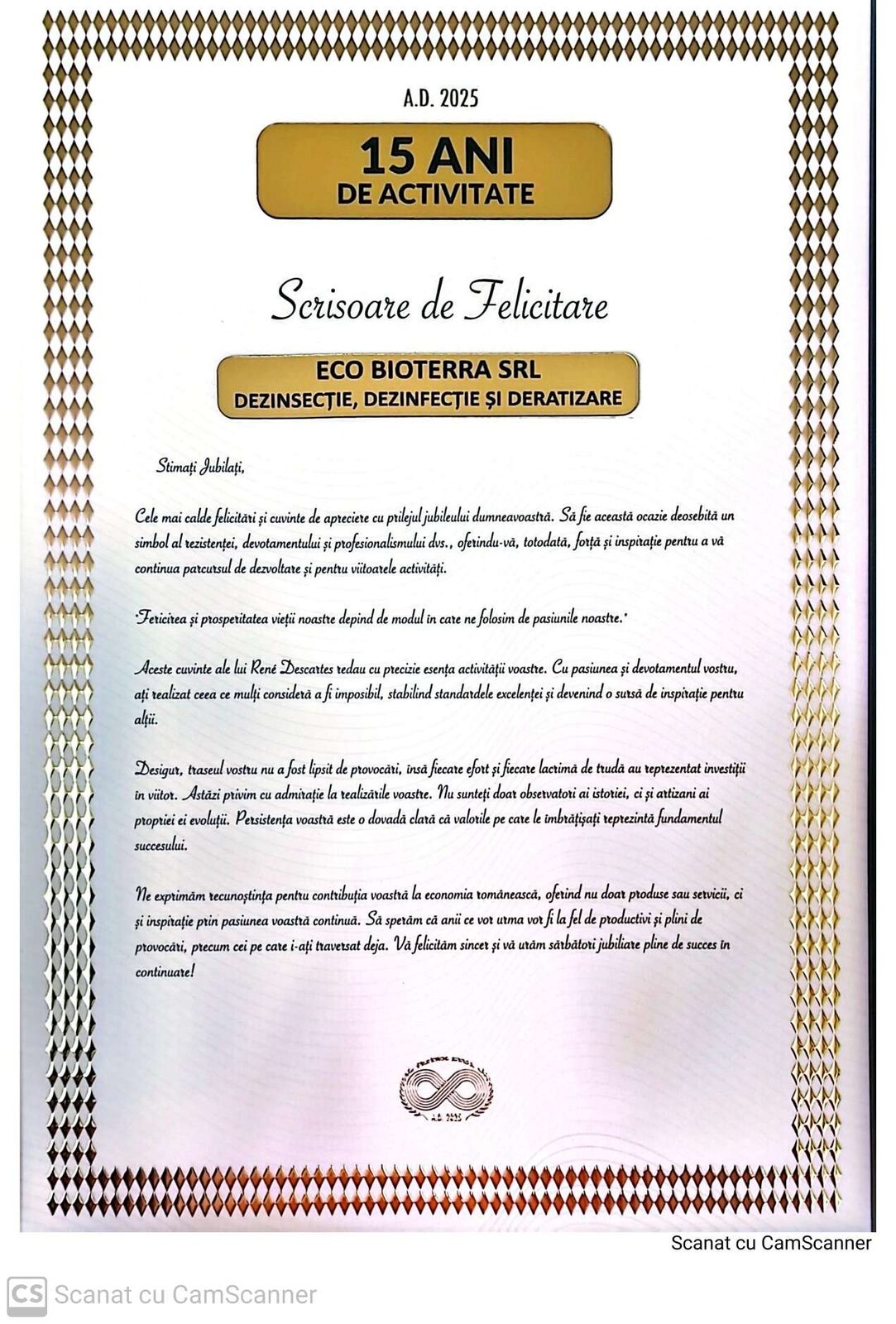 Scrisoare de felicitare jubileu 15 ani Eco-Bioterra