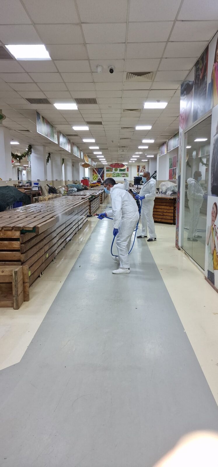 Doi tehnicieni Eco-Bioterra pulverizând substanțe pe standuri